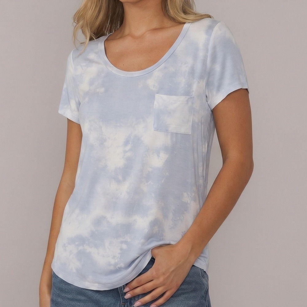 Market Spruce Blue Tie Dye Cloud Wash Pocket Tee Womens Large Stretch Comfy Top